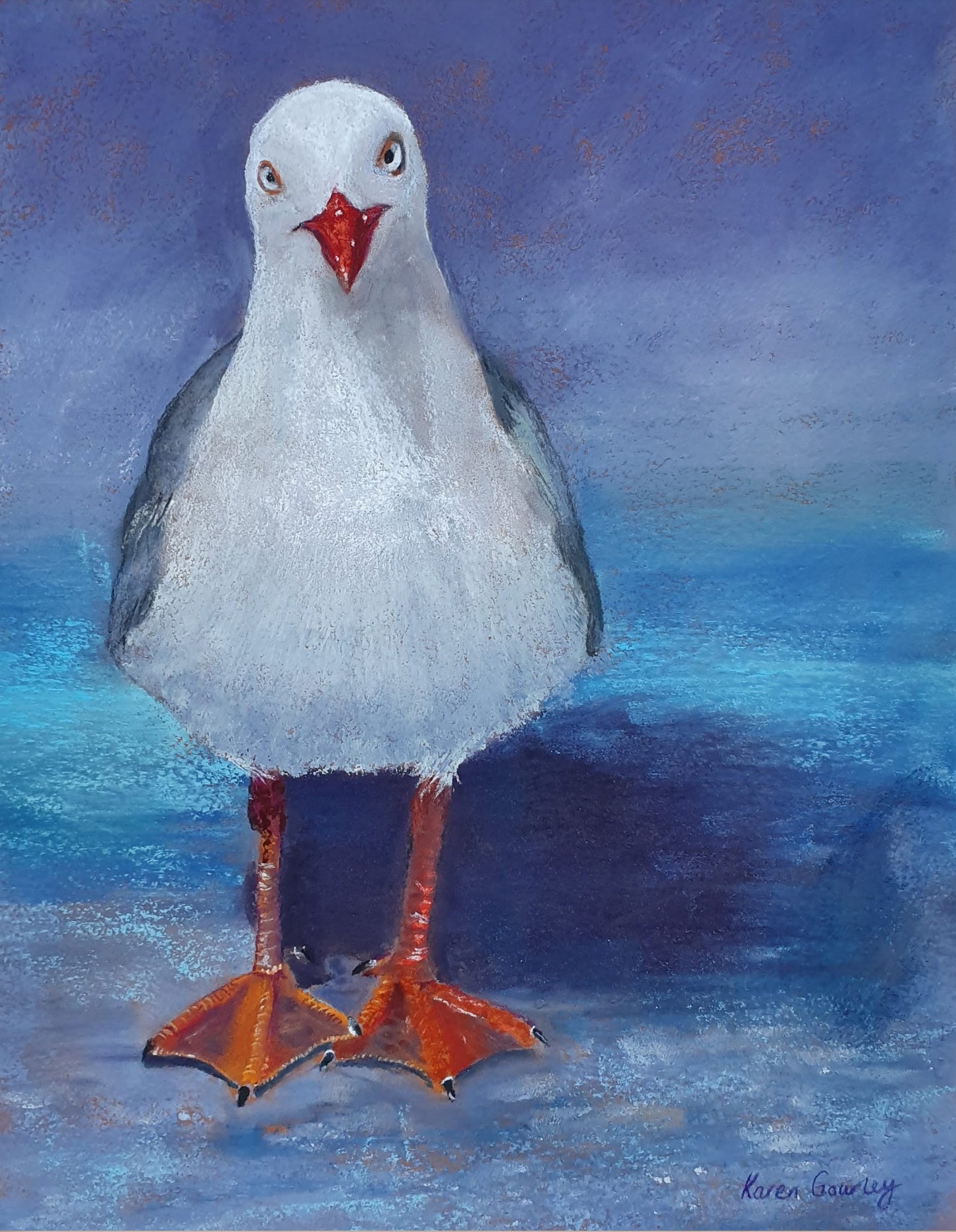 Painting of a seagull with a blue background