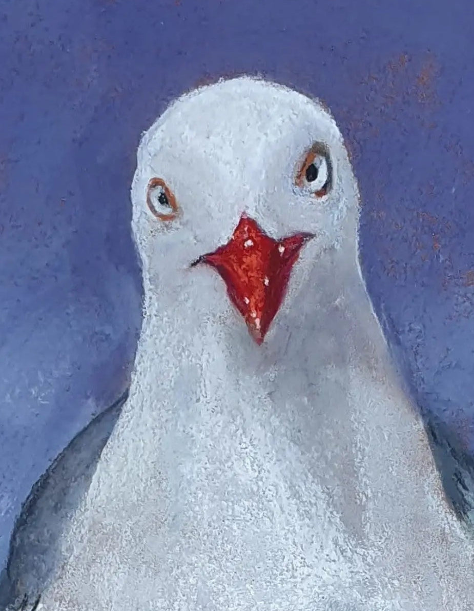 Close-up detail of The Thief, showing the red bill and expression of this tarāpunga pastel painting by Karen Gourley