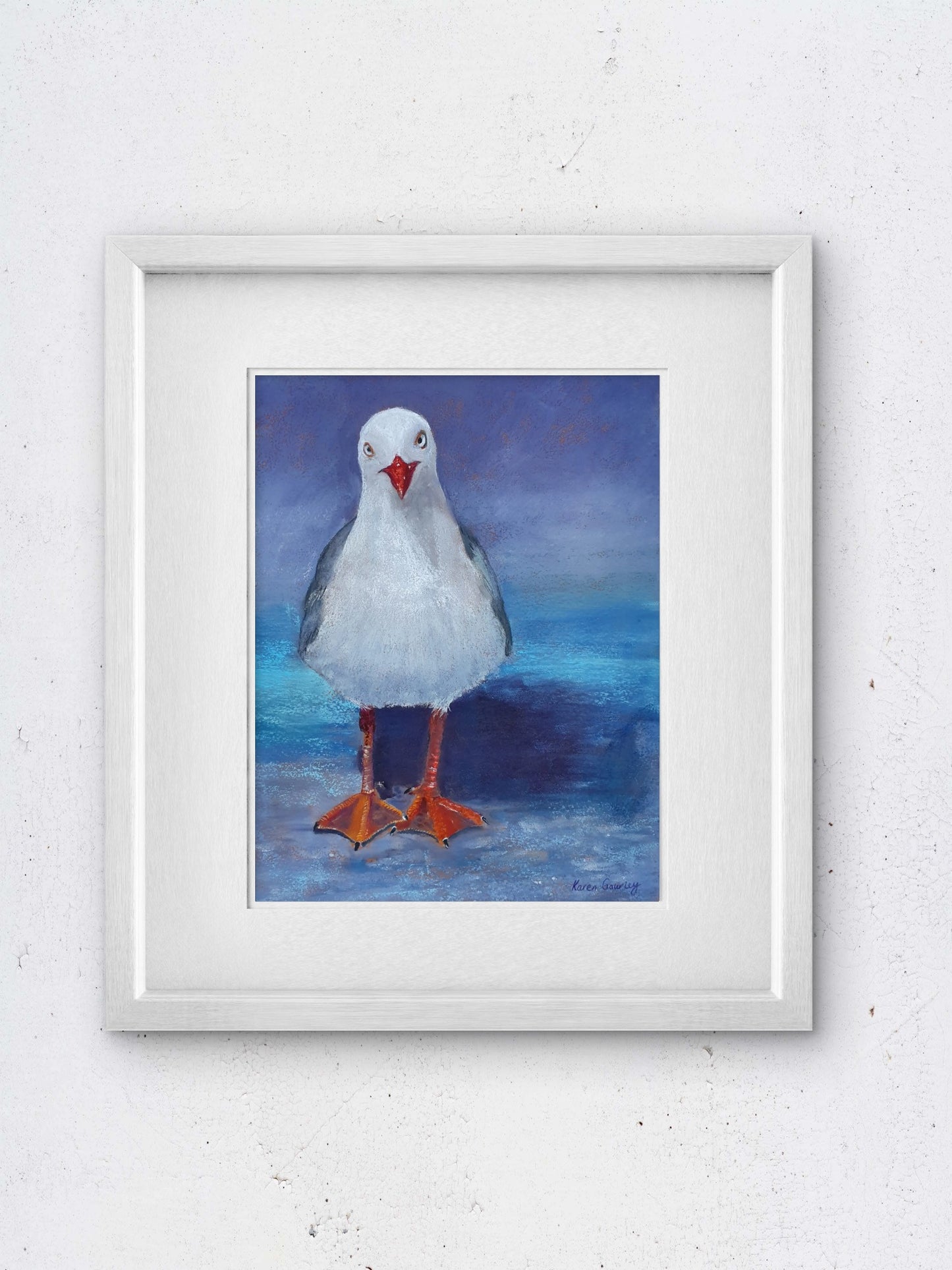 The Thief, original red-billed gull painting by Karen Gourley, shown framed in a white mount
