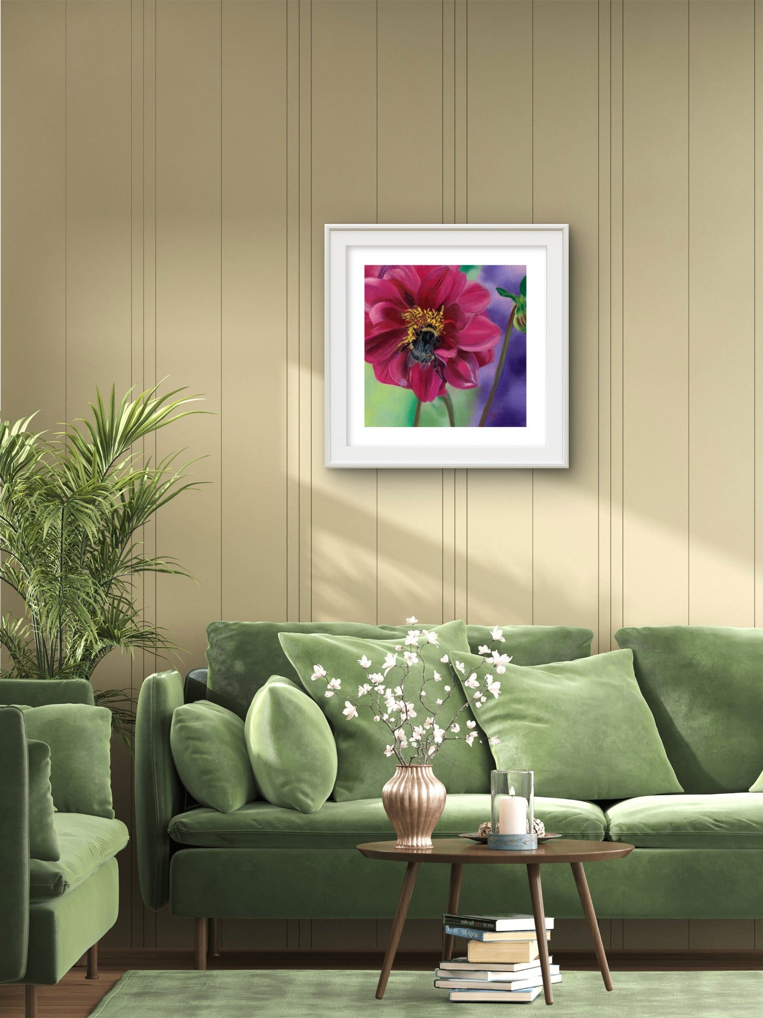 Dahlia Delight framed fine art print by Karen Gourley — bumblebee nestled in pink dahlia petals, shown in interior setting
