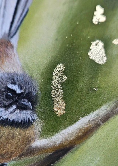 Close-up detail of fantail and gold foil in Just Passing Through original pastel painting by Karen Gourley