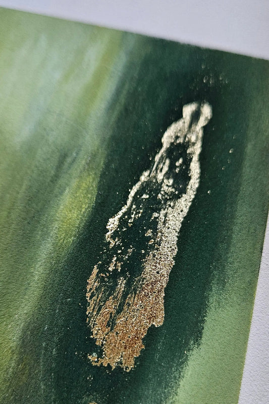Close-up of gold foil leaf detail in Just Passing Through original fantail painting by Karen Gourley Artist