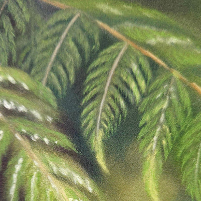 Close-up of green foliage and pastel texture in The Forest Watches Back South Island robin print by Karen Gourley