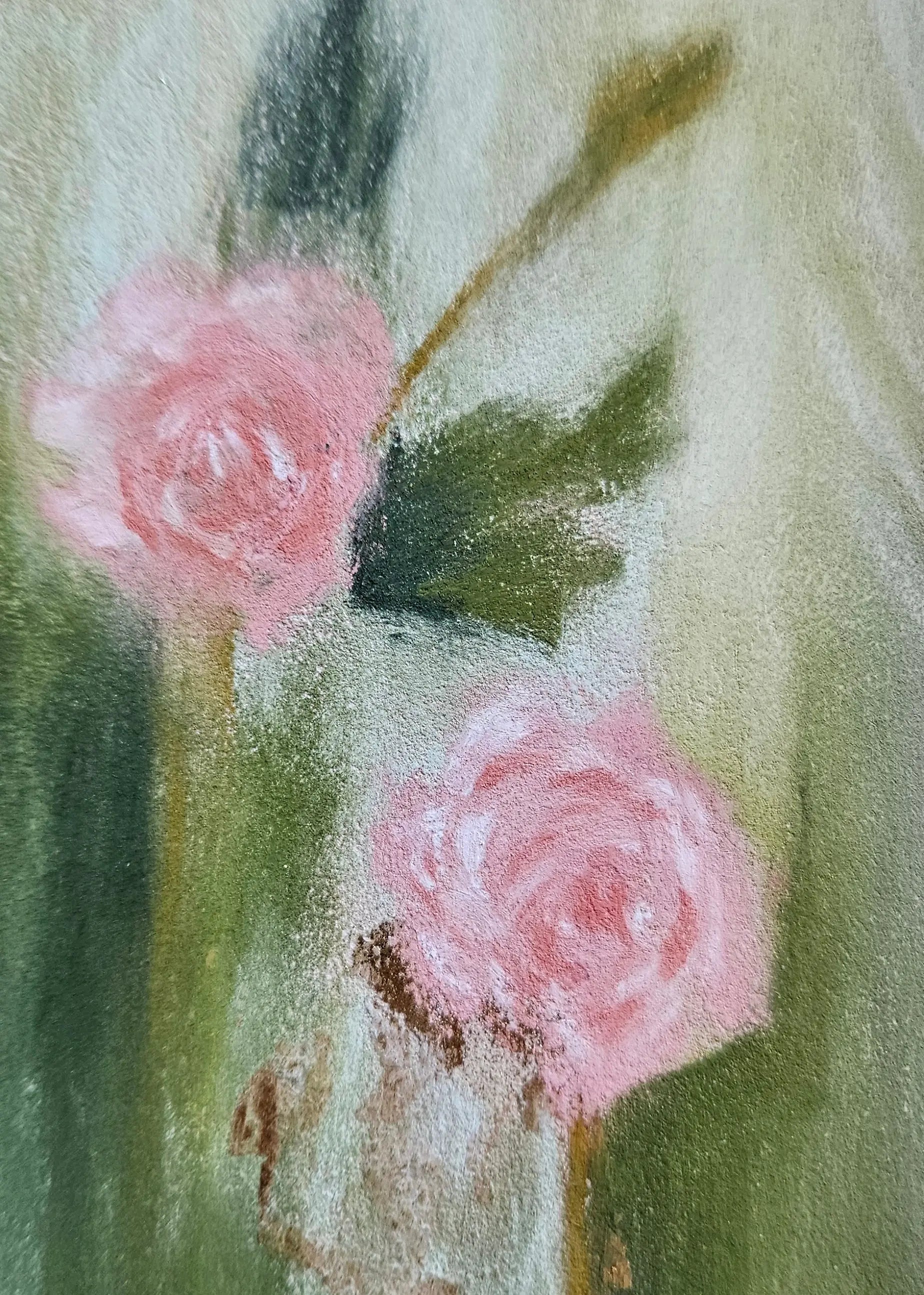 Pastel drawing of pink flowers with green leaves on a textured green background