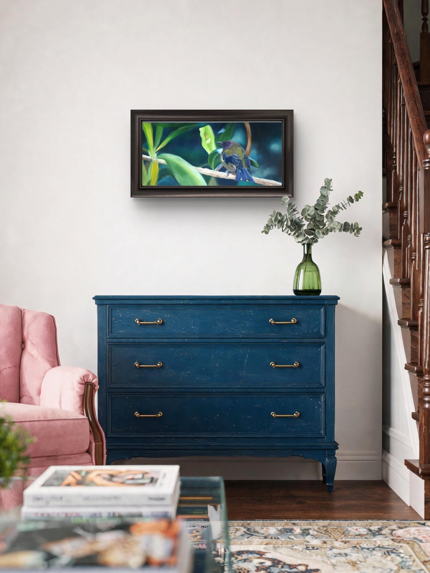 Framed bellbird original pastel painting displayed on a wall, showing full artwork and frame by Karen Gourley Artist