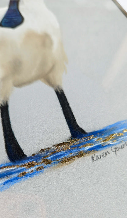 Close-up of gold leaf shimmer detail on Tidal Light spoonbill painting by Karen Gourley