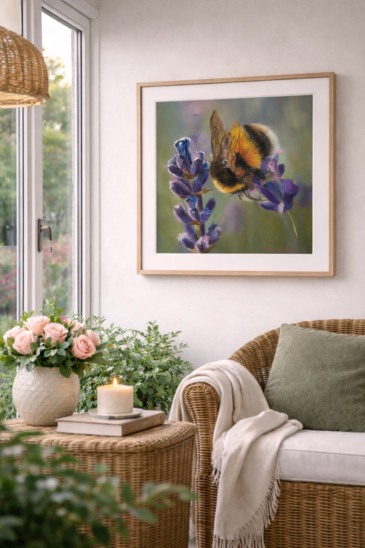 Bee fine art print on lavender displayed in a light-filled conservatory setting