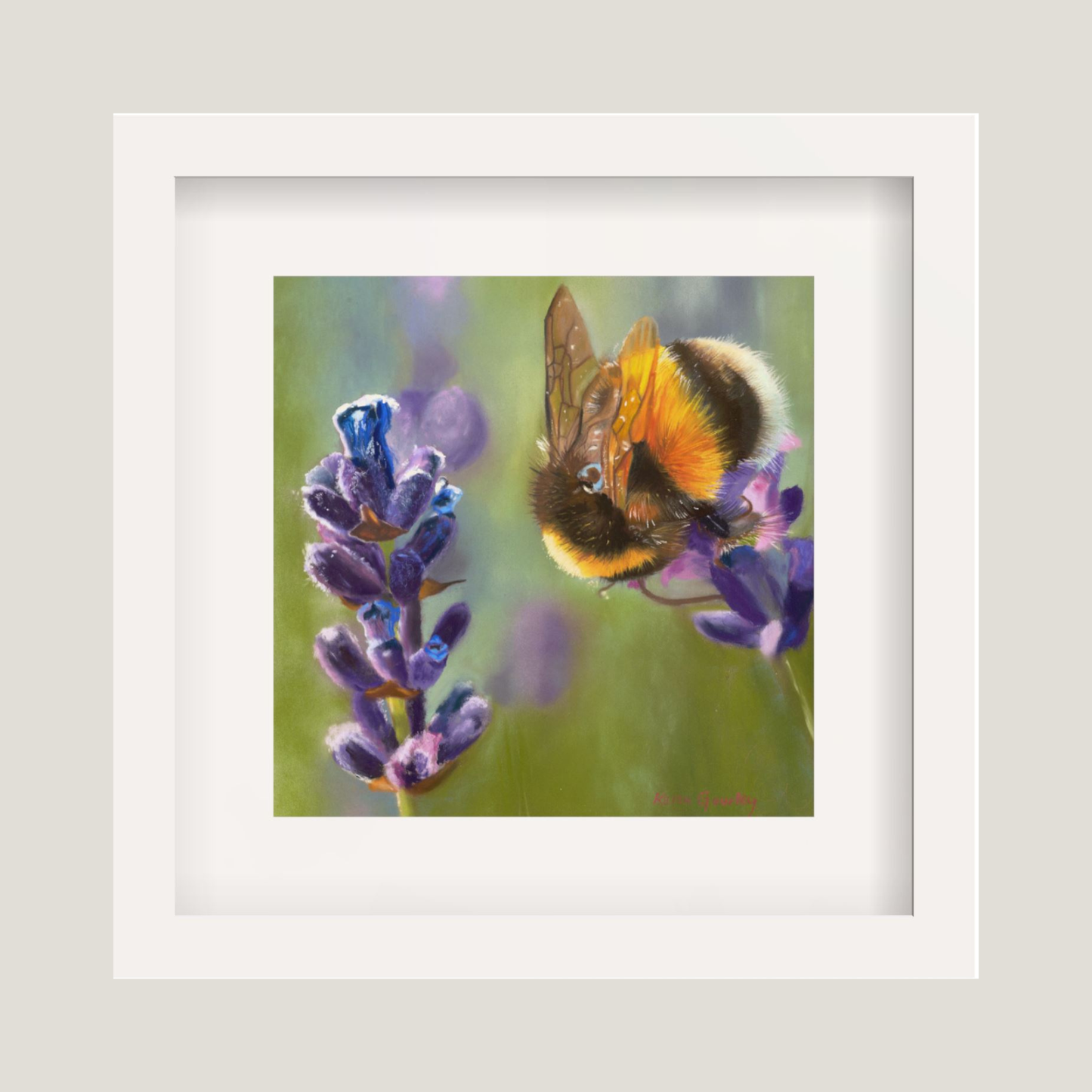 Framed artwork of a bee on a flower with a white border