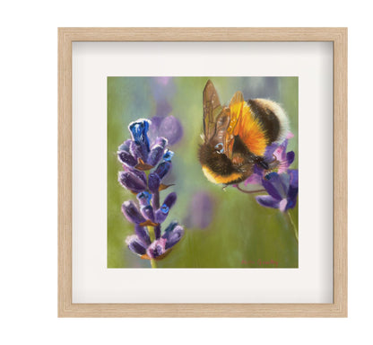 Framed artwork of a bee on lavender flowers